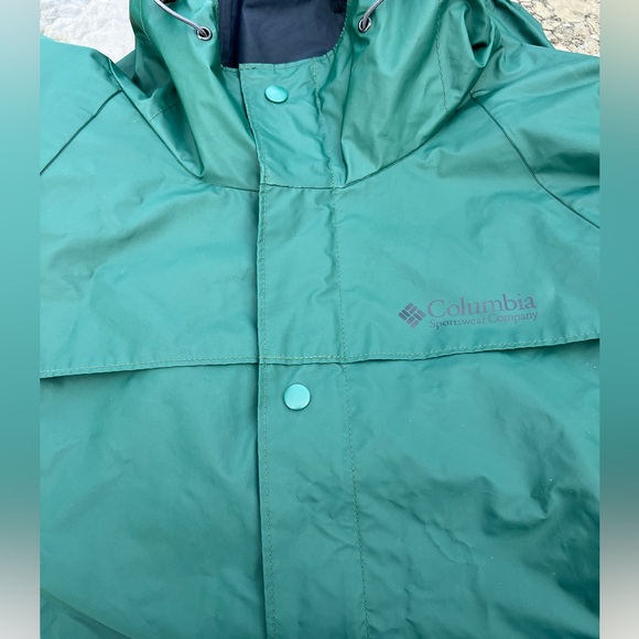 Columbia Men's Large Green Hood Snap Zip‎ Pockets Breathable Waterproof Jacket - Picture 7 of 15